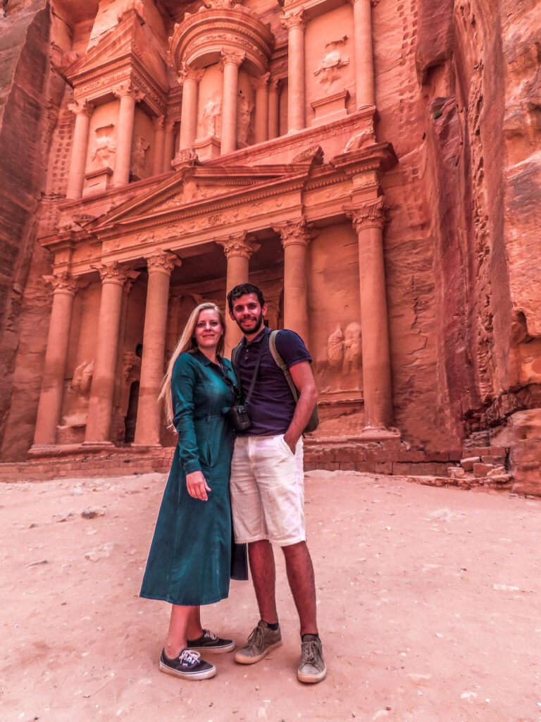 Posing in front of the Treasury in Petra in the early morning before the crowds arrive.