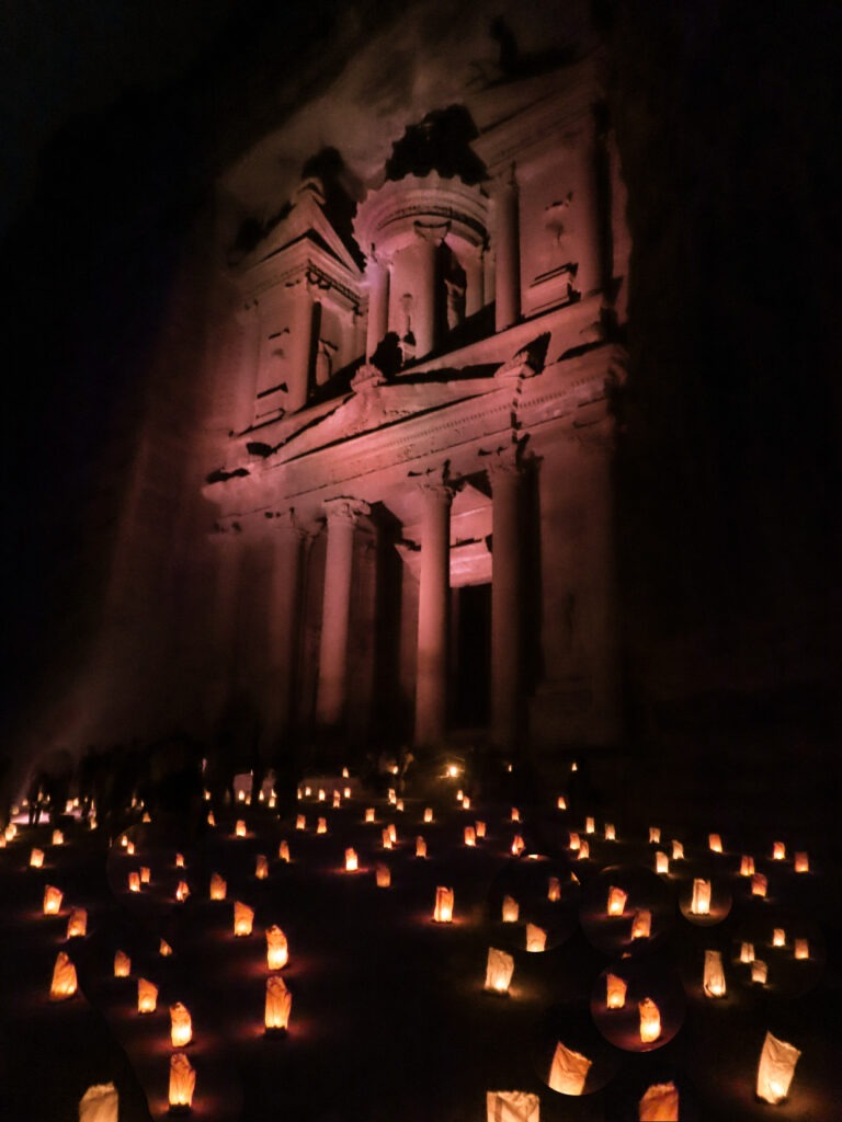 View on the Treasury during Petra by Night, a must in this guide to Petra