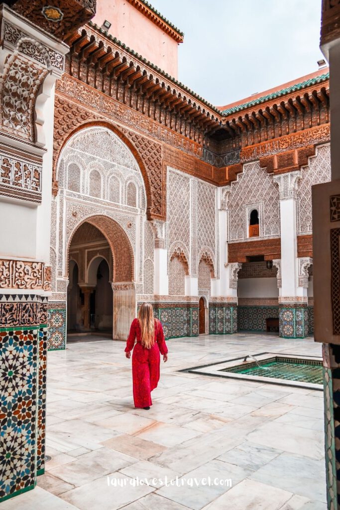 Walking through Ben Youssef Madrasa, Marrakesh, Morocco