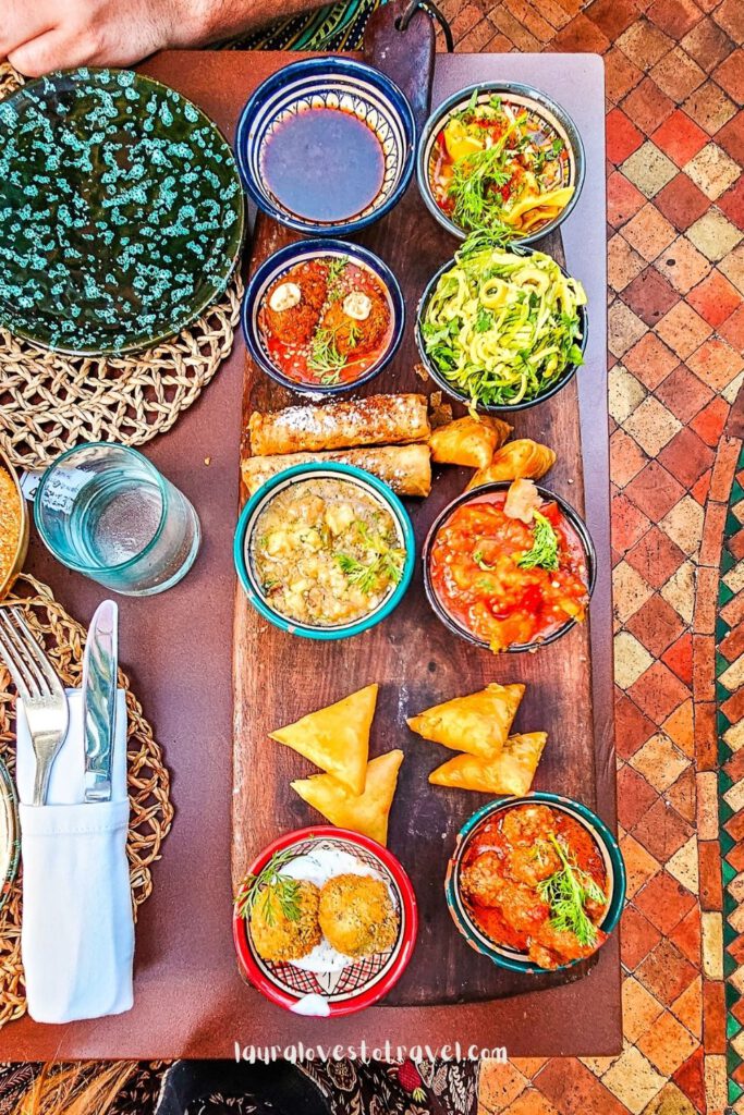 Tasting platter with local dishes at a restaurant in Marrakesh