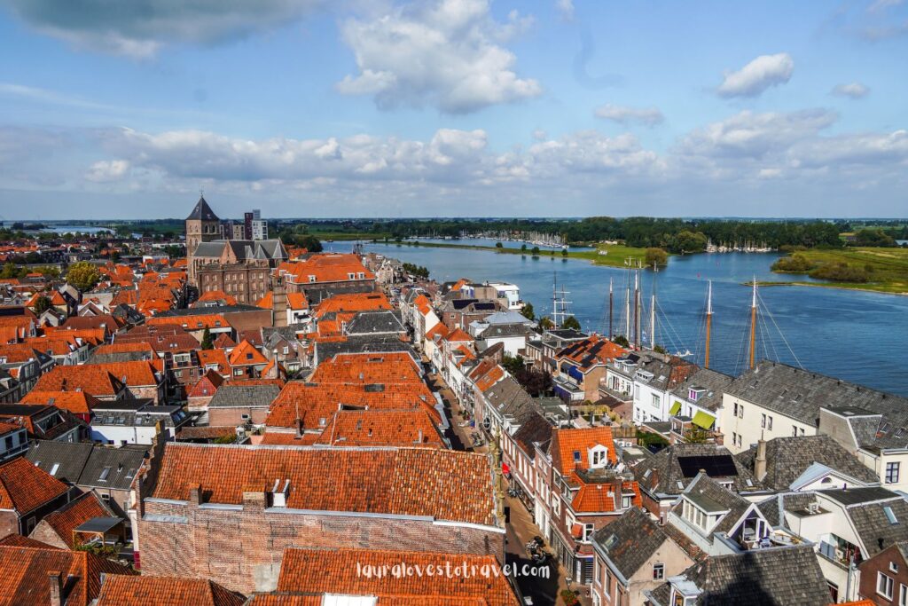 Birds-eye view on the IJssel and the old city center of Kampen