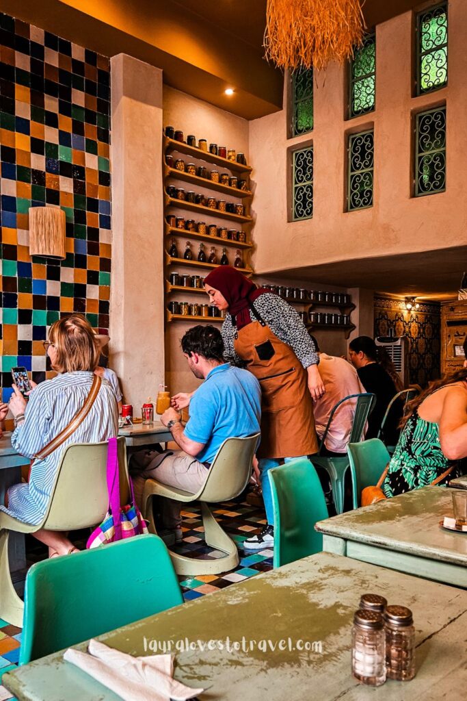 The colorful interior of Bakchich cafe